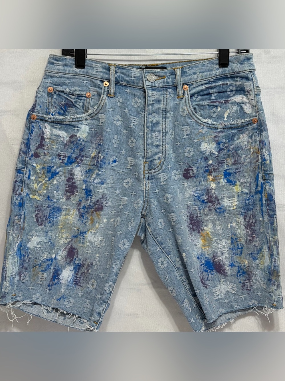 Purple brand Denim Shorts Size 32-32.5 Inches, Paint Over Bleach Monogram PO20